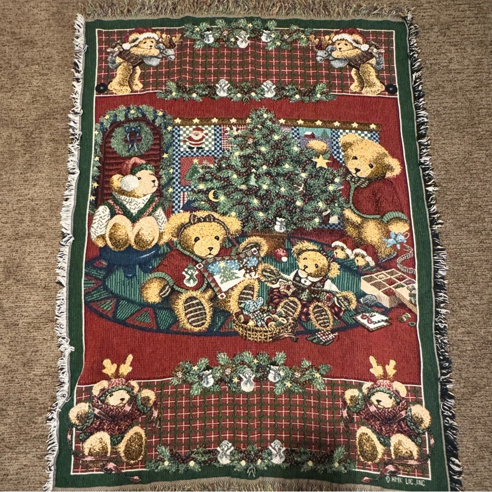 Christmas Vintage Throw Tapestry Teddy Bears with Granny Blanket Holiday